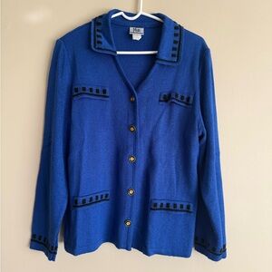 Vintage MITA knit blazer cardigan royal blue black trim gold buttons size 14